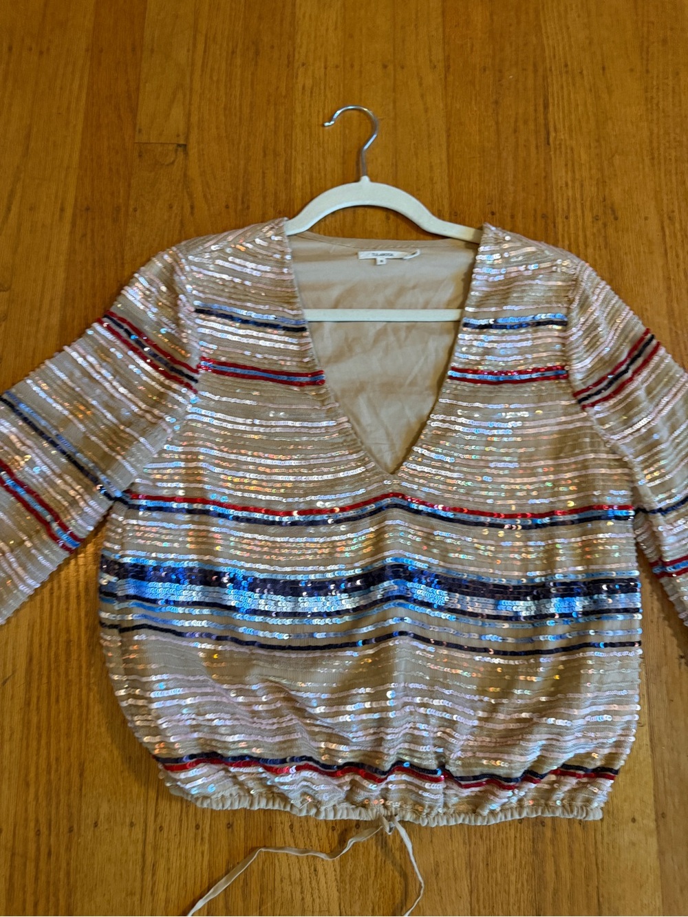 Tularosa Cream Sequin V-Neck Crop Top with Blue & Red Stripes